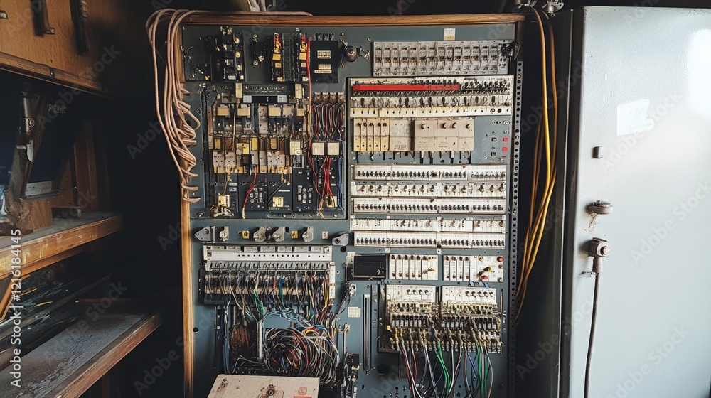 Poster Close-up of the interior of an electrical control cabinet, displaying a complex array of wires and components crucial for industrial building functions
