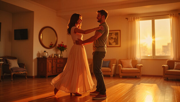 Couple dancing joyfully in sunlit living room
