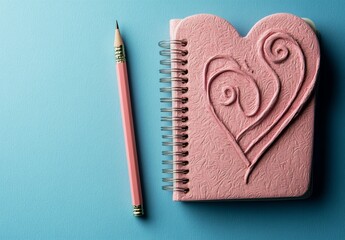 A pink heart-shaped notebook with a pencil on a blue background