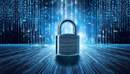 "Cybersecurity concept: a digital padlock with binary code in the background."