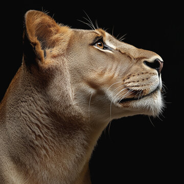 Elegant lioness profile on a dramatic black background with striking details.
