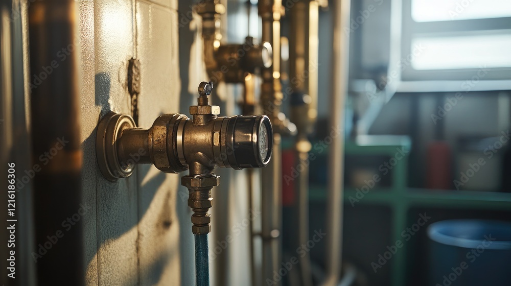 Aufkleber detailed view of a pipe connection in a plumbing system, showcasing a visible hose and valve in a we