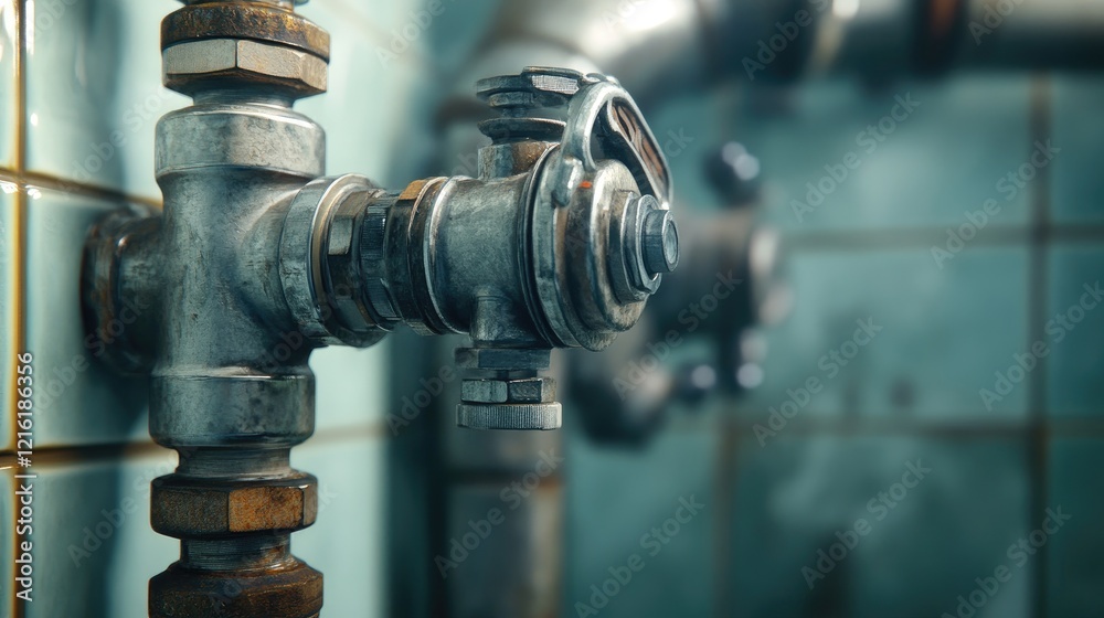 Poster detailed view of a pipe connection in a plumbing system, showcasing a visible hose and valve in a we