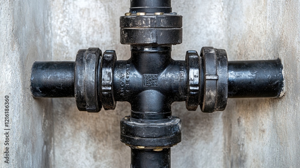 Poster detailed view of a pipe connection in a plumbing system, showcasing a visible hose and valve in a we