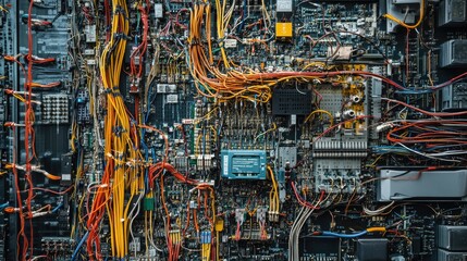 Detailed shot of complex wiring inside an electrical control cabinet for industrial applications, showcasing the intricate setup and organization