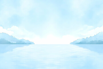 Watercolor Illustration Depicts Serene Landscape of Mountains and Sky Reflected in Calm Water