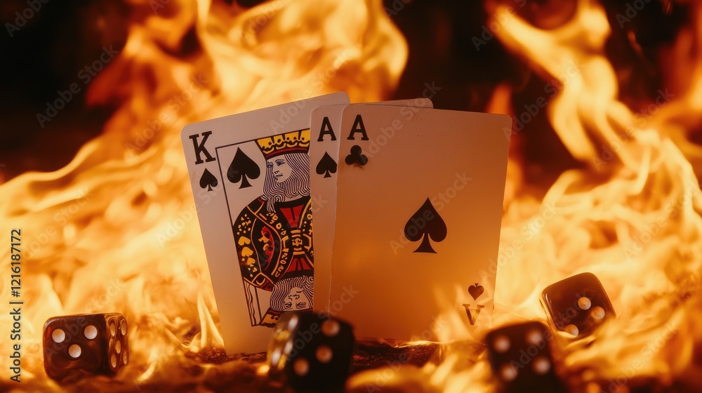 Poster fiery image of burning king and ace playing cards with dice scattered across a backdrop of blazing f