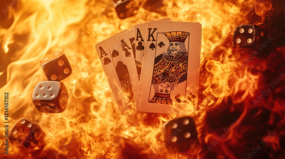 Poster fiery image of burning king and ace playing cards with dice scattered across a backdrop of blazing f