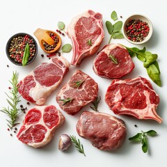 Assorted raw beef steaks, herbs, and spices on white background.