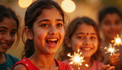 Fototapeta premium Happy children celebrating with sparklers at dusk 