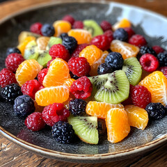 Obraz premium fruit salad with raspberries, kiwi, and mandarin oranges.