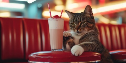 Tabby cat diner milkshake retro background