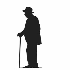 A man in a hat and a cane is standing on a sidewalk. He is wearing a jacket and pants