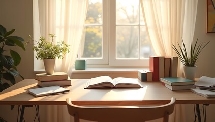 An inviting workspace scene with modern design, featuring clean arrangements, glowing laptops, and ambient lighting, ideal for focus and creativity. AI-generated.