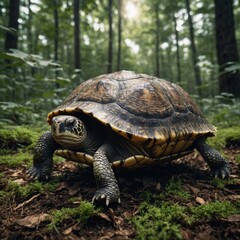 Obraz premium Imagine a slow-moving turtle making its way through the forest, its shell blending with the earth.