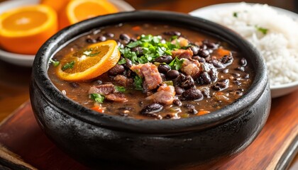 Delicious Brazilian Feijoada in Traditional Clay Pot with Rice and Orange Slices