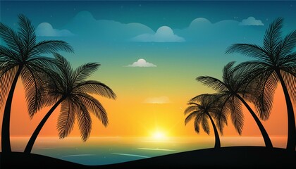 Obraz premium Tropical island background with palms silhouette and sky. Generated image