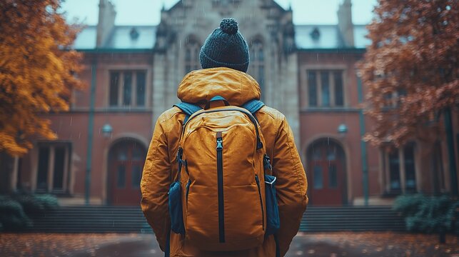 Back, behind, rear, close-up view photo of a crying, depressed, stressed, workless, lonely hipster looking at the campus doors