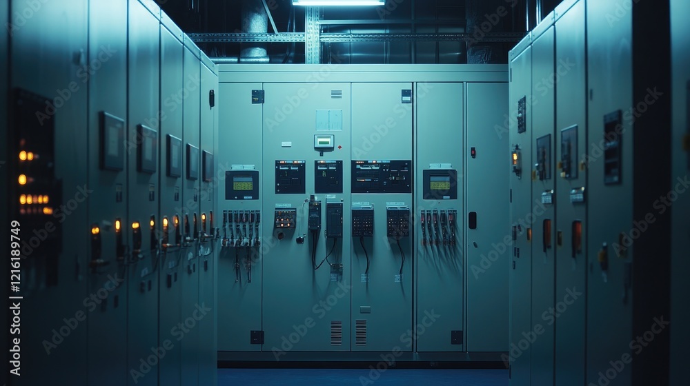 Poster interior view of an electrical control cabinet, featuring complex wiring systems designed for indust