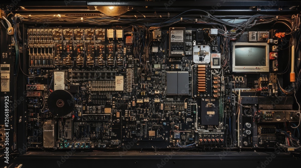 Poster intricate wiring setup within an electrical control cabinet, focusing on the organization and advanc