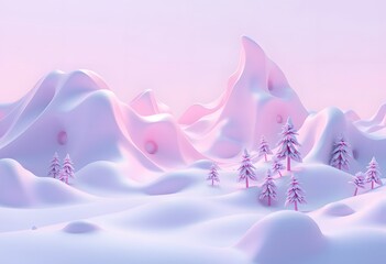 Pastel Pink Winter Landscape Mountains and Trees