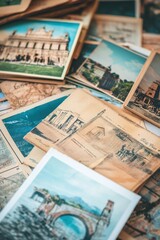 Vintage travel photos scattered on map background