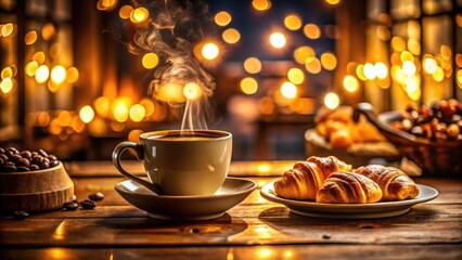 Fototapeta premium Warm, inviting coffee shop bathed in low light; a cozy, moody Kaffeezeit.