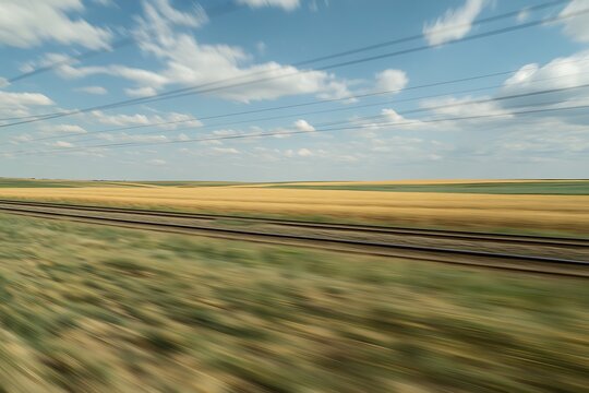 High-Speed Train Moving Through Golden Fields: A Stunning View from the Window