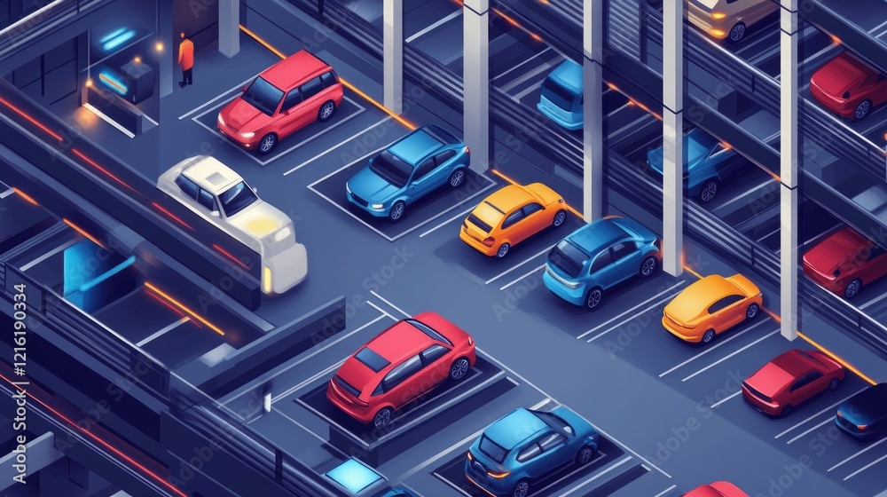 Poster isometric design of a spacious parking garage with well-organized sections, showcasing parked cars o