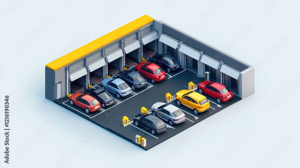 Poster isometric design of a spacious parking garage with well-organized sections, showcasing parked cars o