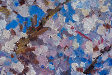 Abstract multicolored art background with oil paints. Modern hand-made design on canvas with a brush. Up-to-date picturesque spring background for websites. Delicate shades of blue brown purple pink