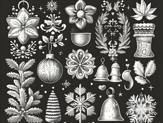 Chalkboard Christmas Illustrations Showcase Festive Decorations and Ornaments Beautifully Rendered