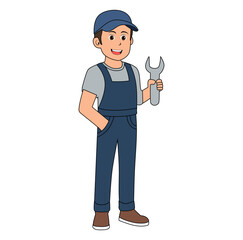 Cartoon Man Technician Holding Wrench Vector Illustration