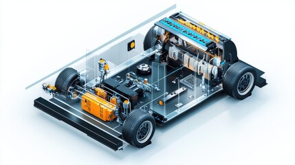 Isometric schematic of a hydrogen-powered car, showing its motor, battery, and PCU components with a focus on renewable H2 energy