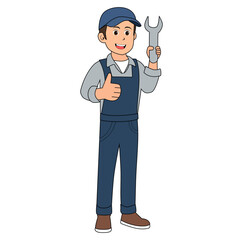 Cartoon Man Technician Holding Wrench Vector Illustration