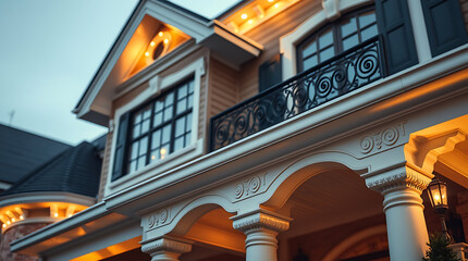Fototapeta premium Luxury House Exterior at Dusk: Elegant Home Design with Classic Architecture and Warm Lighting