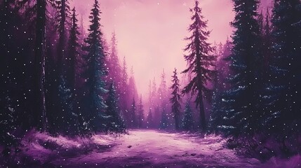 Fototapeta premium Snow-laden coniferous forest illustration showcasing frosty evergreens in a peaceful winter setting, created in a traditional book illustration style