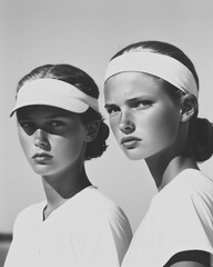 Monochrome vintage style portrait; two female tennis players in white tshirts
