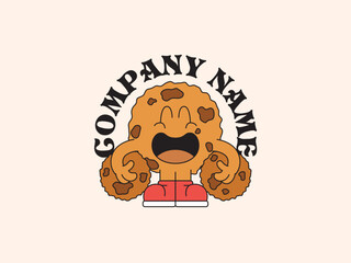 Cookies mascot holding two small cookies cartoon character in vintage retro style