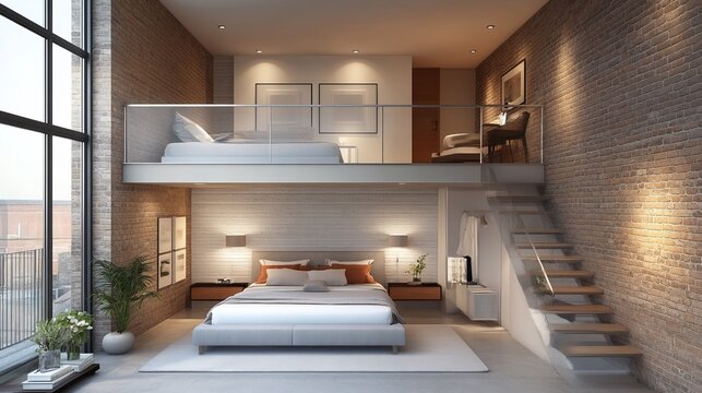 Cozy Bedroom Interior Featuring Elegant Bed Draped in Soft Linens with Beautiful Staircase Leading to an Upper Level Creating an Inviting and Warm Atmosphere for Rest and Relaxation