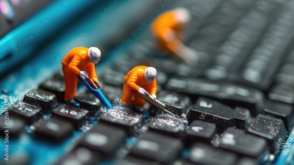 Aufkleber Miniature characters meticulously cleaning dust off a computer keyboard with tiny tools, adding charm and creativity to the idea of office maintenance
