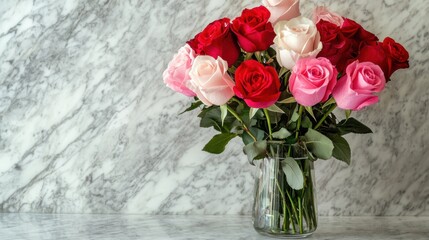 Fototapeta premium Vibrant mixed rose bouquet in a glass vase on marble table