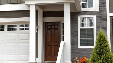 Fototapeta premium Modern House Exterior: Stunning Brick Facade and White Trim. Beautiful Home Entrance Design