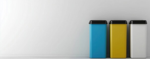 Three colorful trash bins against a plain wall, emphasizing waste segregation and cleanliness.