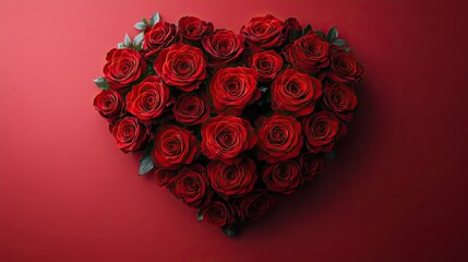 Beautiful top view of red roses arranged inside a heart-shaped cut-out against a bold red background, embodying romance and passion