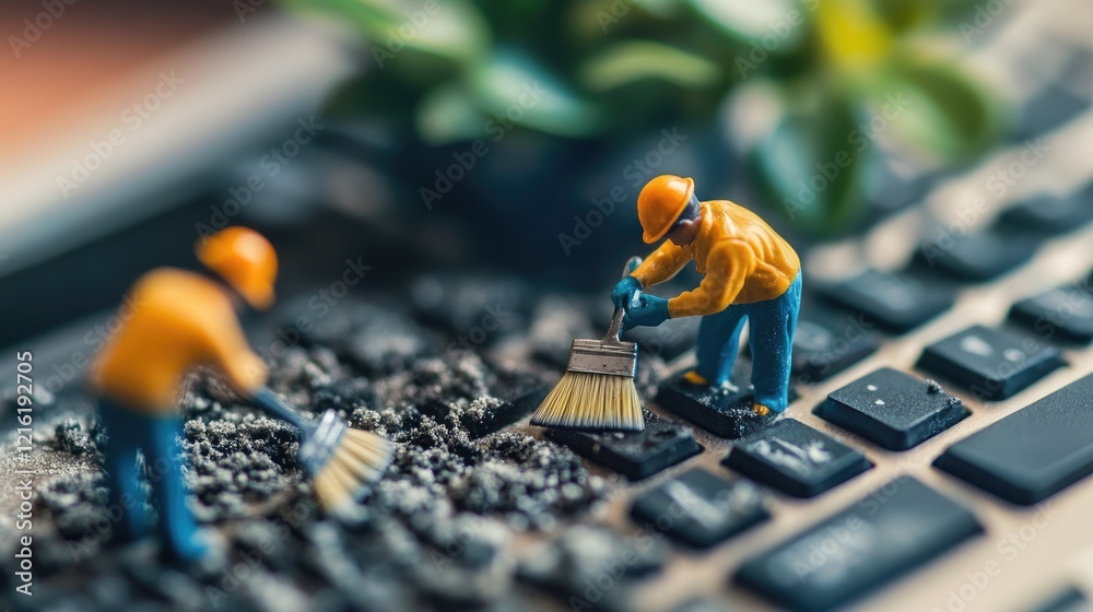 Poster miniature workers cleaning a dusty keyboard with tiny brushes and tools, highlighting attention to d