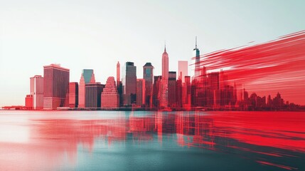 Obraz premium Paintbrush in motion, painting the New York City skyline red, representing the dynamic concept of urban renewal and change