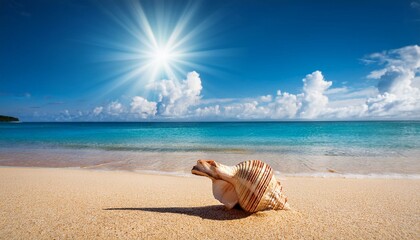 Landscape with shell on tropical beach. Summer concept. Generated image