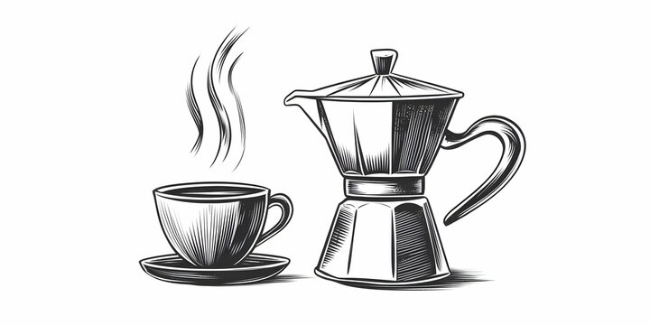 Vintage Coffee Pot and Steaming Cup Illustration: A Brewtiful Morning Ritual