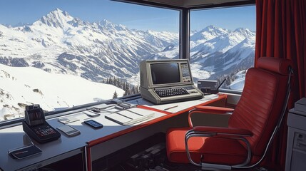 Fototapeta premium Mountainous winter landscape viewed from a cable car control cabin